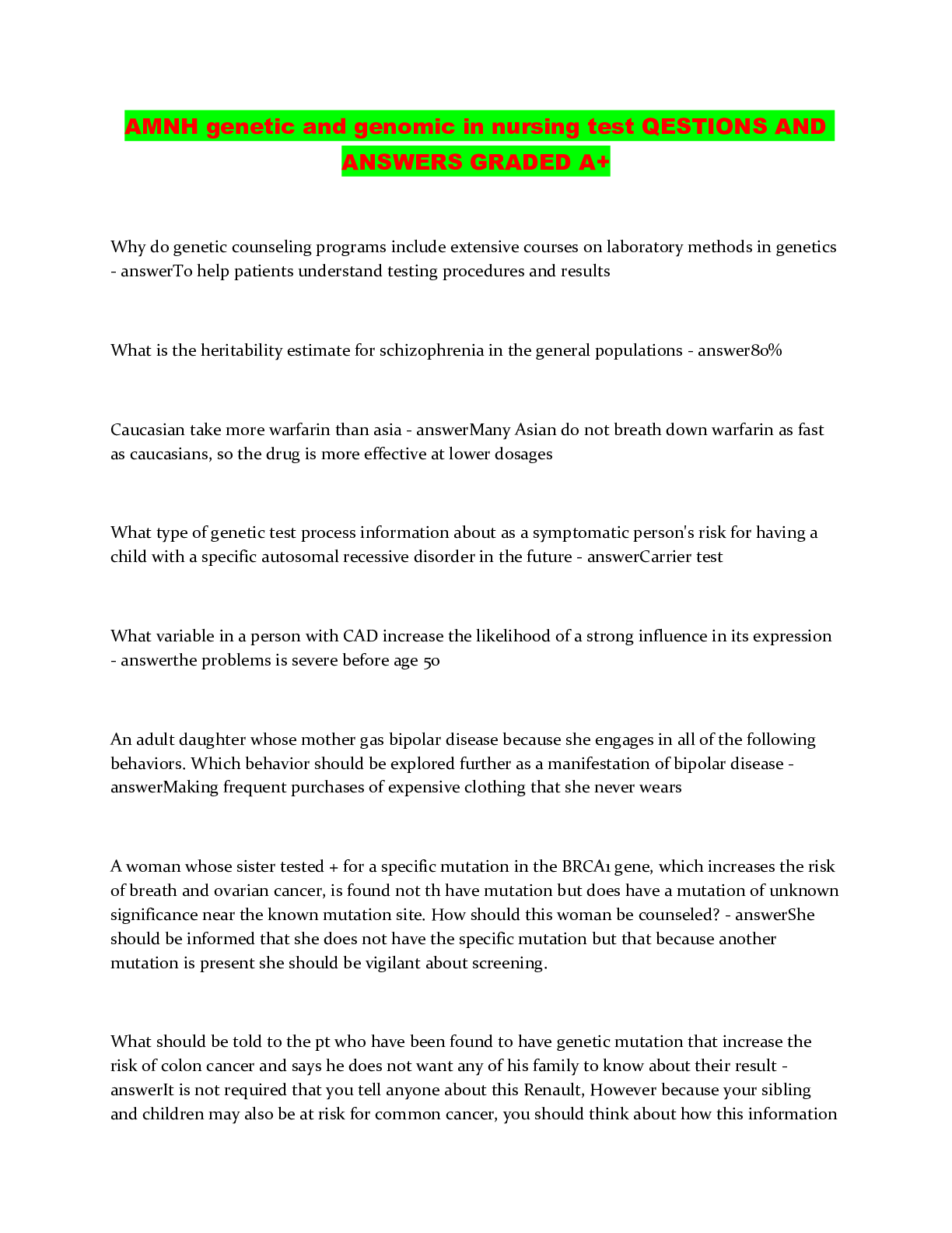 Preview image for AMNH genetic and genomic in nursing test QESTIONS AND ANSWERS GRADED A+